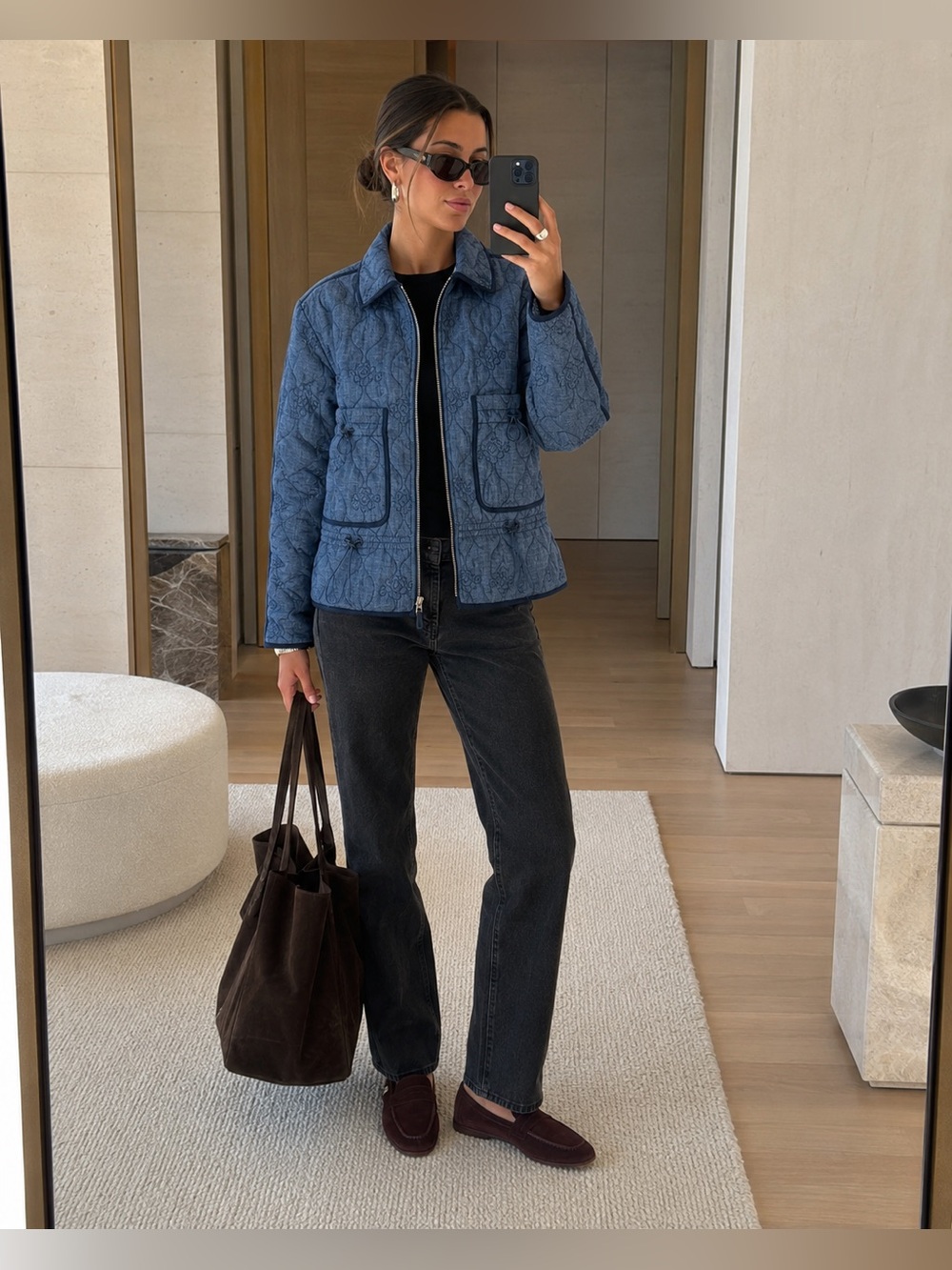 Avec Les Filles Floral Quilted Blue Zip Jacket Adjustable Waist Size M